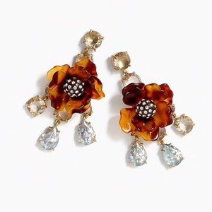 J Crew Tortoise flower statement earrings with hanging crystals